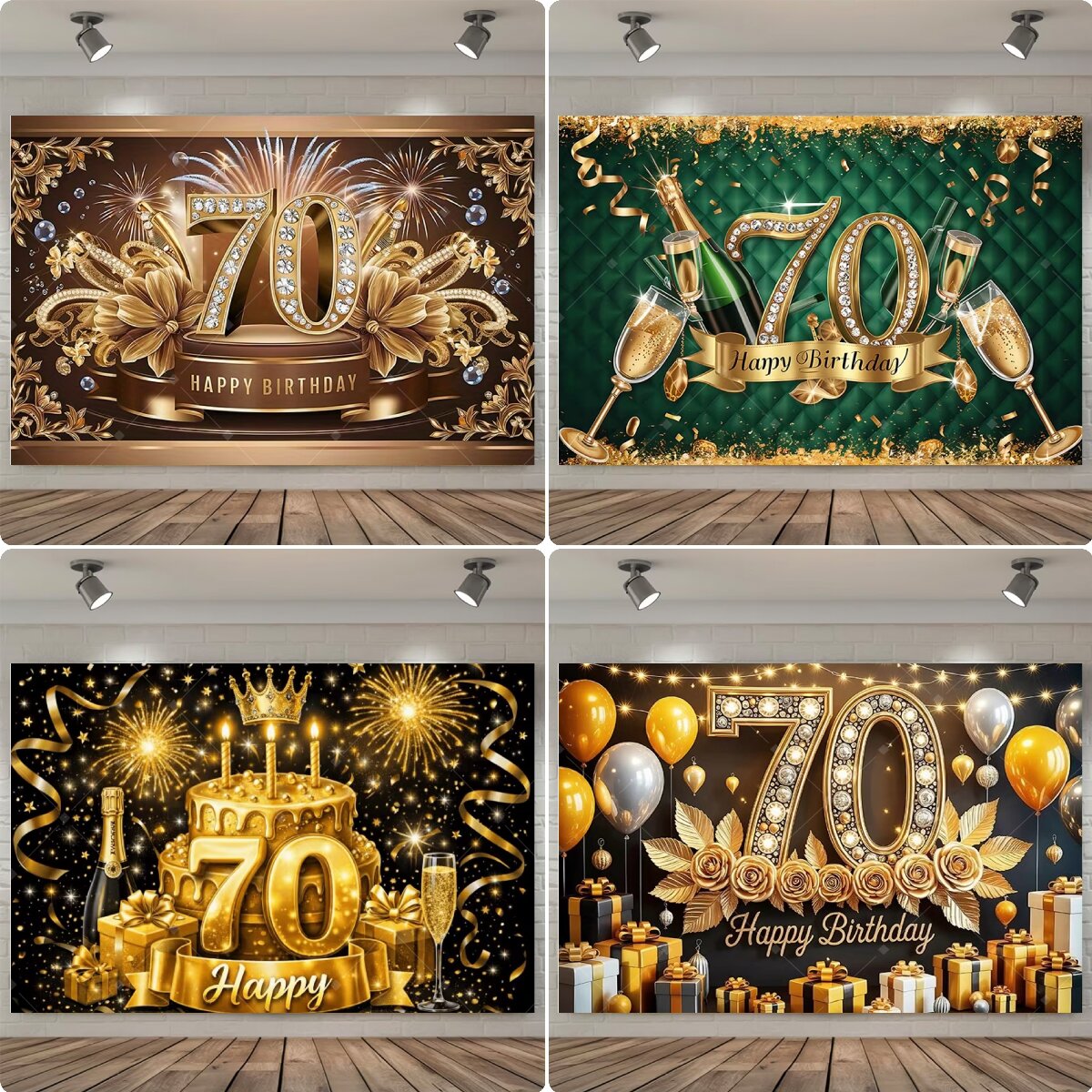 Party Banner Gold - Happy 70th Birthday Backdrop Gold Diamond